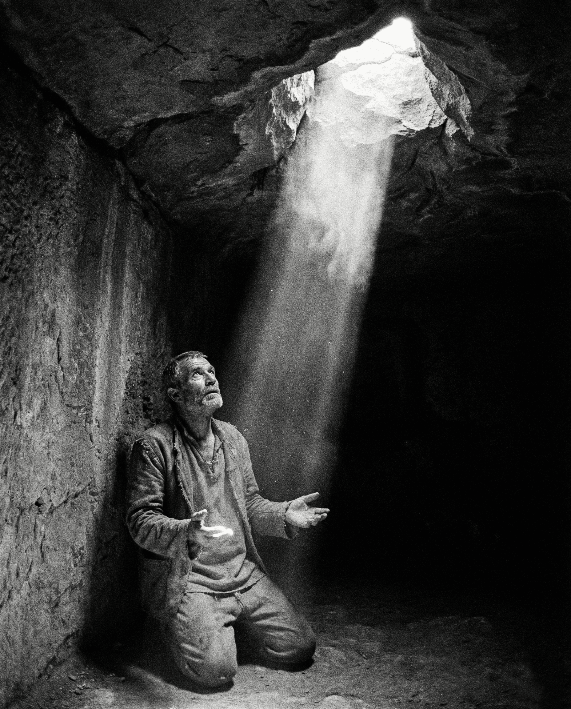 Давид на коленях в пещере, луч света сверху — молитва в самый тёмный час