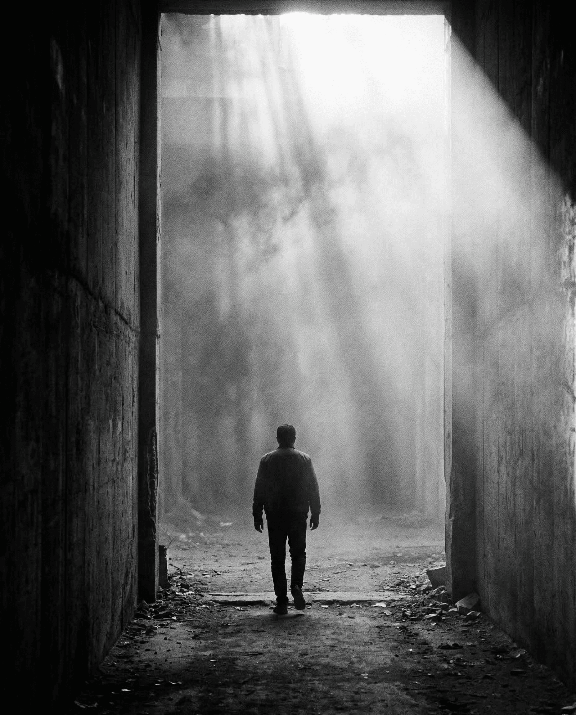 Силуэт человека, идущего из тёмного коридора к свету