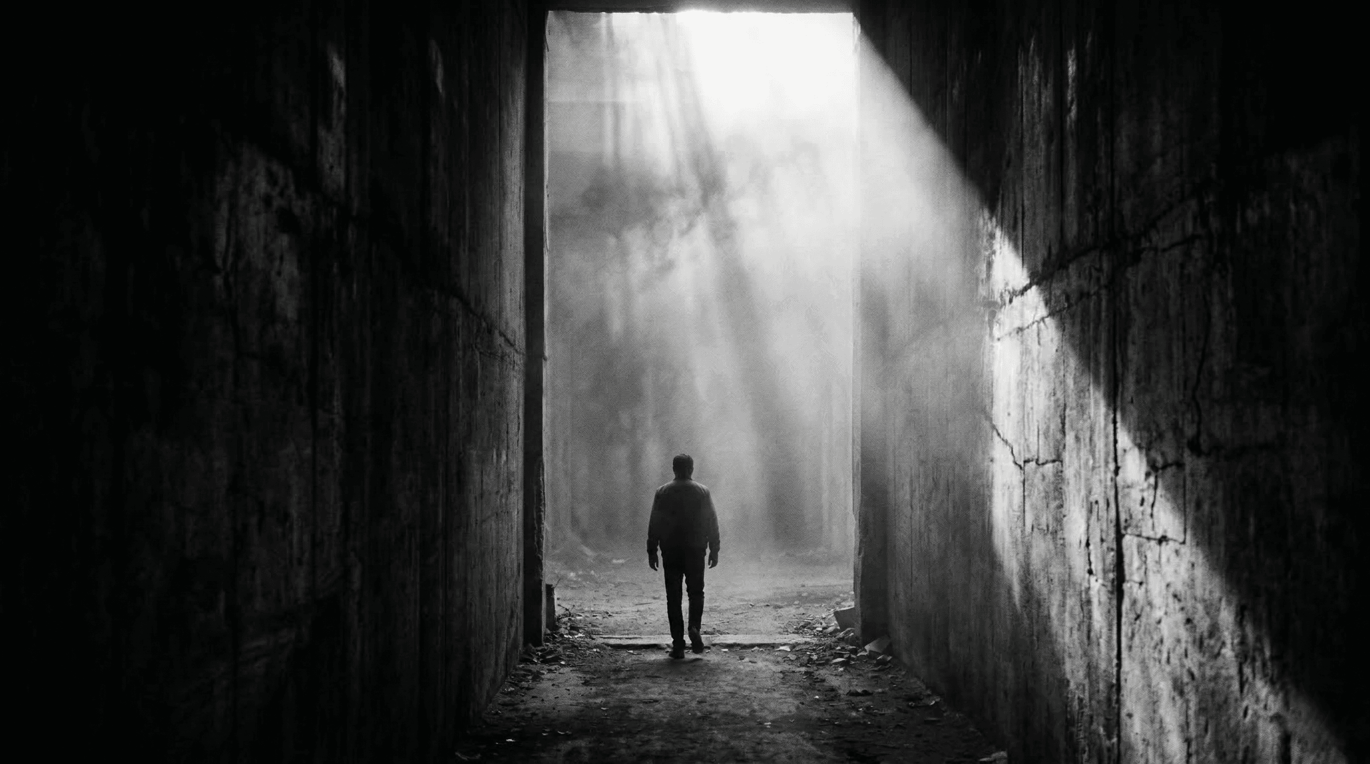 Силуэт человека, идущего из тёмного коридора к свету