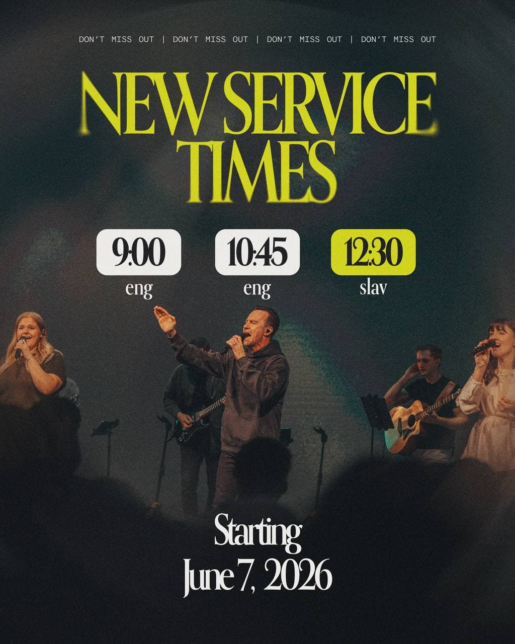 Новое время служений: 9:00 и 10:45 — English, 12:30 — Slavic. С 7 июня 2026